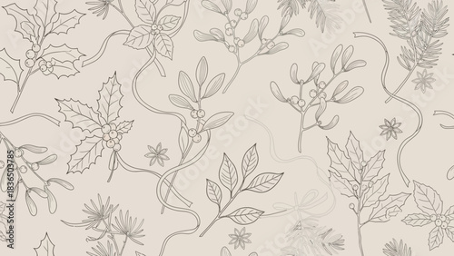 Elegant vintage botanical illustration pattern featuring delicate leaves and berries on a neutral background for festive decor