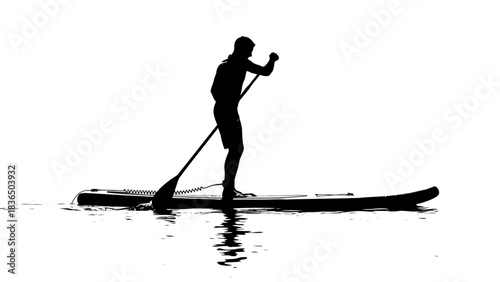 Single paddleboarder silhouette, isolated on white background