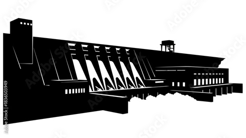 Large black dam silhouette, isolated on white background