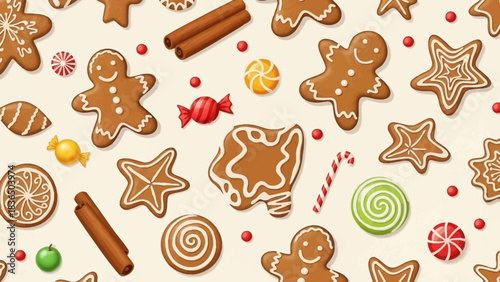 Festive gingerbread man pattern with cinnamon sticks and colorful candies