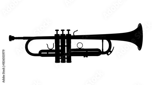 Single black trumpet silhouette isolated on white background