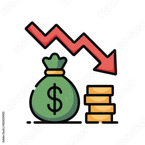 Declining economy illustration with money bag and downward trend line