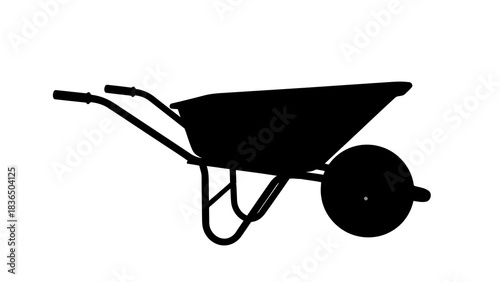 Single black wheelbarrow silhouette isolated on white background