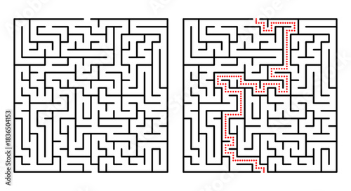 Abstract geometric labyrinth with red neon lines on a black background. Modern maze design ideal for tech themes, digital graphics, puzzles, and futuristic concepts.