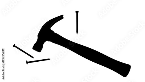 Three black hammer and nails silhouettes, isolated on white background