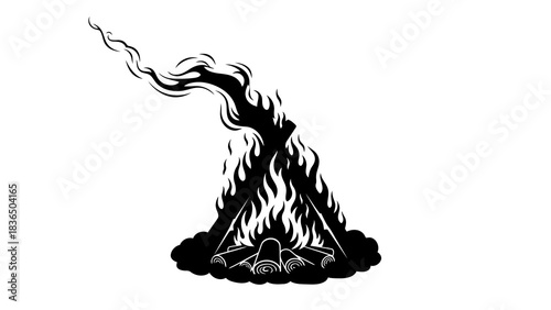 Single black campfire silhouette, isolated on white background