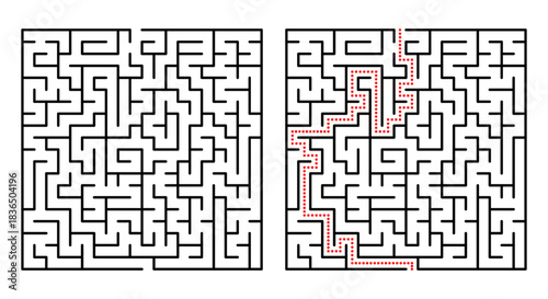 Abstract geometric labyrinth with red neon lines on a black background. Modern maze design ideal for tech themes, digital graphics, puzzles, and futuristic concepts.