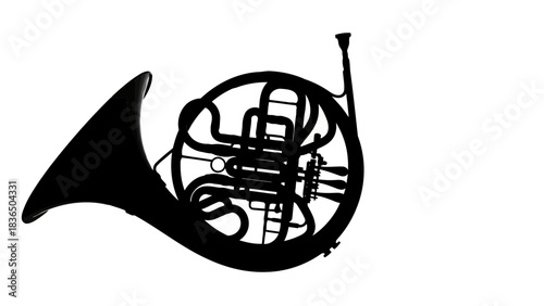 Single black French horn silhouette isolated on white background
