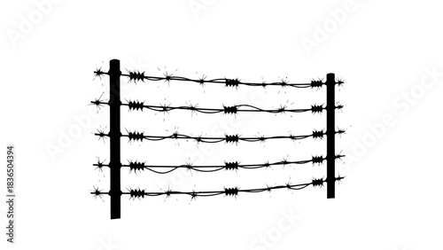 Three barbed wire fence silhouettes, isolated on white background with high contrast