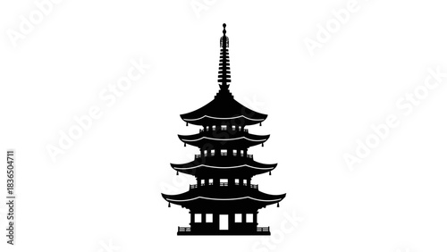 Five-tier pagoda black silhouette isolated on white background