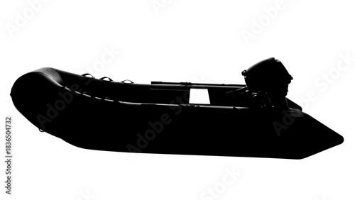 Single black inflatable boat silhouette isolated on white background