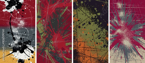 Abstract art panels with vibrant paint splatters, dynamic lines, and grunge textures in a multi-colored composition.