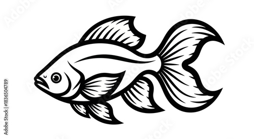 Black and white illustration of a goldfish with flowing fins on white background