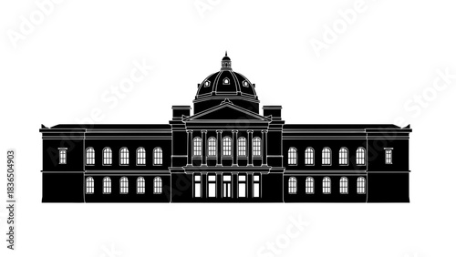 Grand neoclassical building silhouette isolated on white background