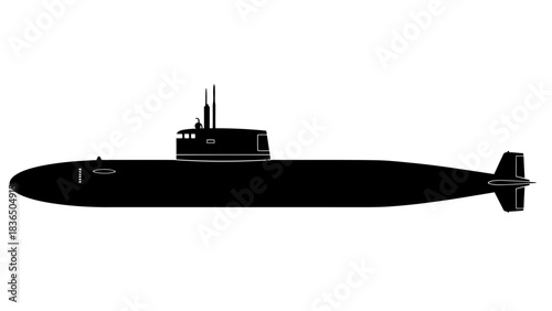 Single black submarine silhouette, isolated on white background