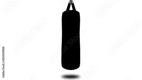 Single black punching bag silhouette, isolated on white background