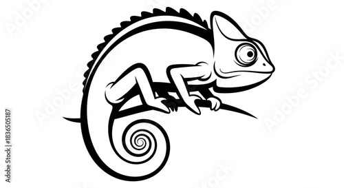 Black and white vector illustration of a chameleon perched on a branch