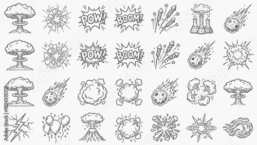 Comic Impact Icons: A Grid of Hand-Drawn Black-and-White Explosions, Lightning Bolts, “POW!”, “BOOM!”, and Meteor Bursts for Bohemian-Inspired Visual Storytelling in Campaigns, UI, and Graphic 