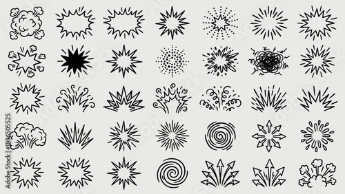 Organic Burst Icons: A Grid of Black-and-White Abstract Shapes Featuring Starbursts, Spirals, Clouds, and Floral Forms for Bohemian-Inspired UI, Branding, and Mystical Visual Storytelling