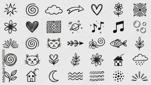Whimsical Nature Doodles: A Grid of Hand-Drawn Black-and-White Icons Featuring Cats, Clouds, Spirals, Celestial Symbols, and Musical Notes for Bohemian-Inspired Journaling, UI, and Visual Storytell