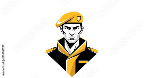 Bold graphic illustration of a person wearing a uniform and hat