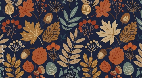 Autumn Leaves and Berries Pattern on Dark Blue Background