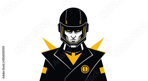 Bold portrait of a futuristic figure in dark uniform with geometric details