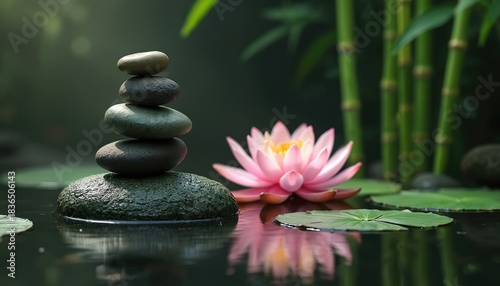 Stacked pebbles rise from dark water near a pink lotus flower and green bamboo stalks. Serene natural scene promotes balance tranquility and mindfulness, ideal for spa wellness concepts.