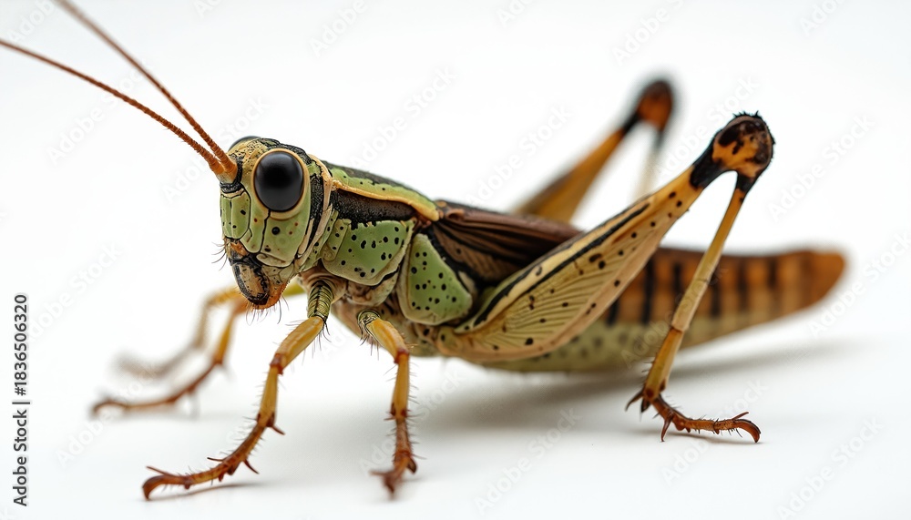 Fototapeta premium Detailed macro shot of a grasshopper against a white background. Its green body features black spots and stripes. The insect has large black eyes and long antennae. Legs are thin and orange.