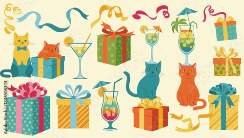Colorful Collection of Gift Boxes, Cats, and Tropical Cocktails.