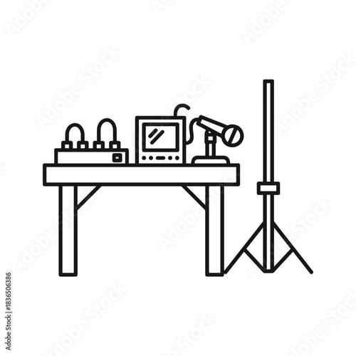 Audio Recording and Broadcasting Studio Setup with Mixer, Microphone, and Monitor on a Table, Vector Line Art Icon