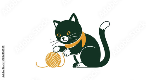 Cartoon cat playing with yarn ball illustration on white background