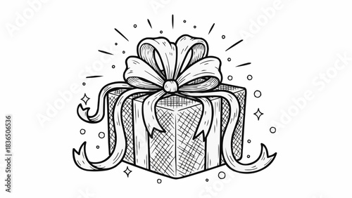 Hand drawn sketch of a wrapped gift box with a large ribbon bow.