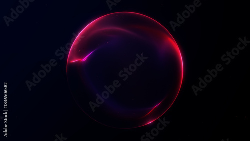 Schilderij op canvas Bright digital plasma sphere with vivid neon magenta-red light streams on a dark space background