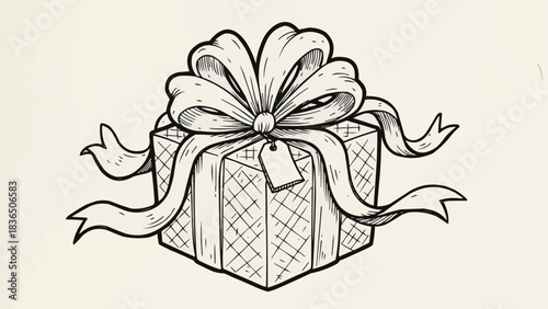 Hand-Drawn Gift Box with Ribbon and Tag Illustration.