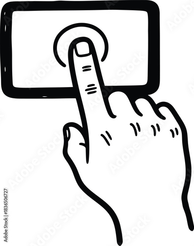 PrintHand-drawn simple finger tapping on a screen icon, doodle solid black on white, quick interaction sketch