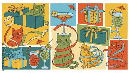 Playful Cats and Festive Gifts with Cocktails.