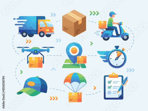 Set of colorful icons representing the e-commerce delivery process, featuring shipping, transport, package tracking, and fast service concepts