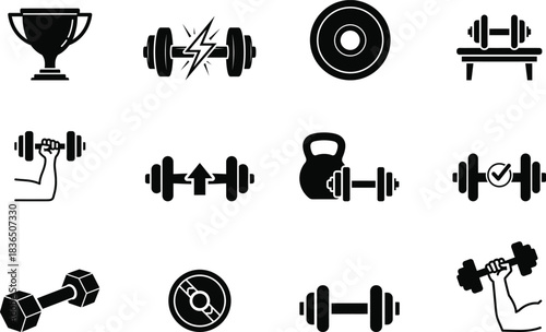 Fitness and gym equipment icons set black and white