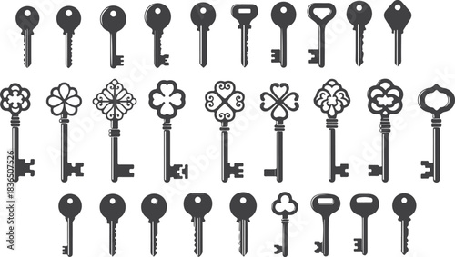 Black vintage shapes set with antique key silhouettes, medieval and modern keys. Abstract tidy vector elements, privacy and escape, open door symbols.eps