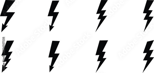 Set of eight black lightning bolt symbols, electric power icons Vector