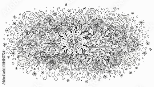 Intricate Snowflake Doodle Art for Winter Holiday Season.