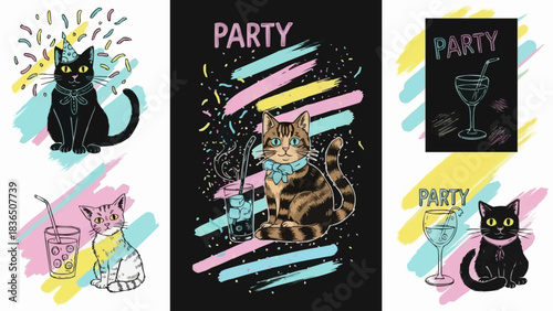 Festive Felines - Party-Ready Cats in Celebratory Illustrations.