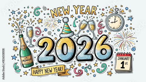 Festive Hand-Drawn New Year's 2026 Celebration Artwork Bursting with Champagne Toasts, Sparkling Confetti, and Dazzling Fireworks, Embodying Joyful Anticipation for a Bright Future