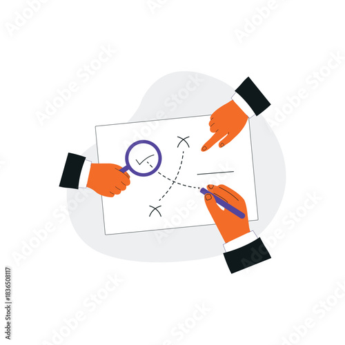 Hands Analyzing Strategy Plan on Paper Vector Illustration. Business Planning Concept Design