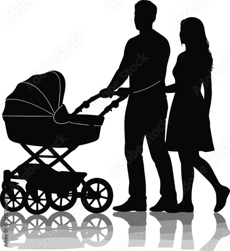 Adult silhouette, walking together, baby stroller, family life, caregiving moment, parental bond, reflection ground, black vector, parenting scene, outdoor walk