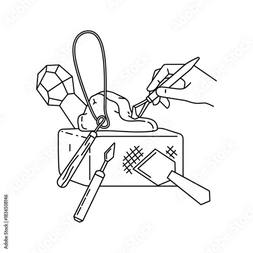 Hand sculpting a creative piece using various carving and shaping tools, showcasing artistic craftsmanship