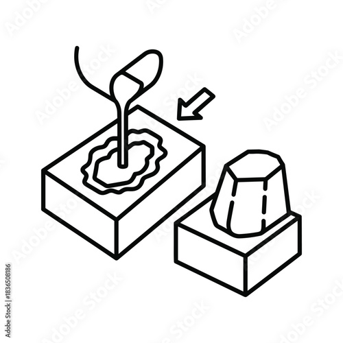 Casting process: pouring liquid material into a mold to create an object, with a finished product displayed