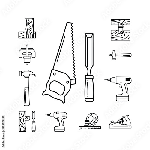 Woodworking Tools Line Art Icons Set