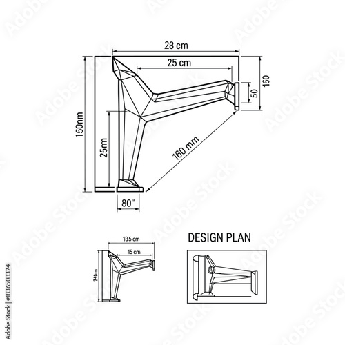 Technical Drawing of an Angular Support Structure with Multi-View Projections and Detailed Dimensions